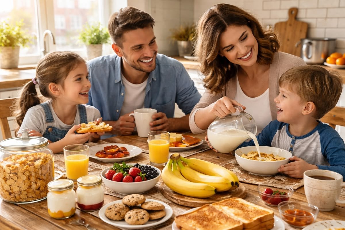Familia disfrutando productos lácteos Bruma Clara